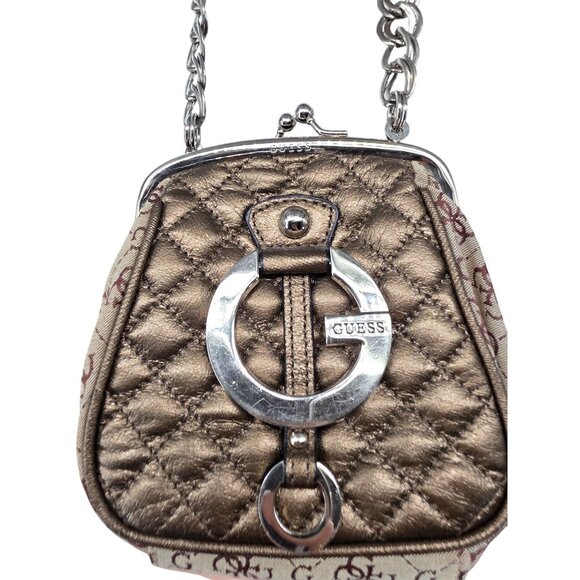 Guess Y2K Mini Quilted Shoulder Bag Signature Logo Bronze Silver - Picture 2 of 11